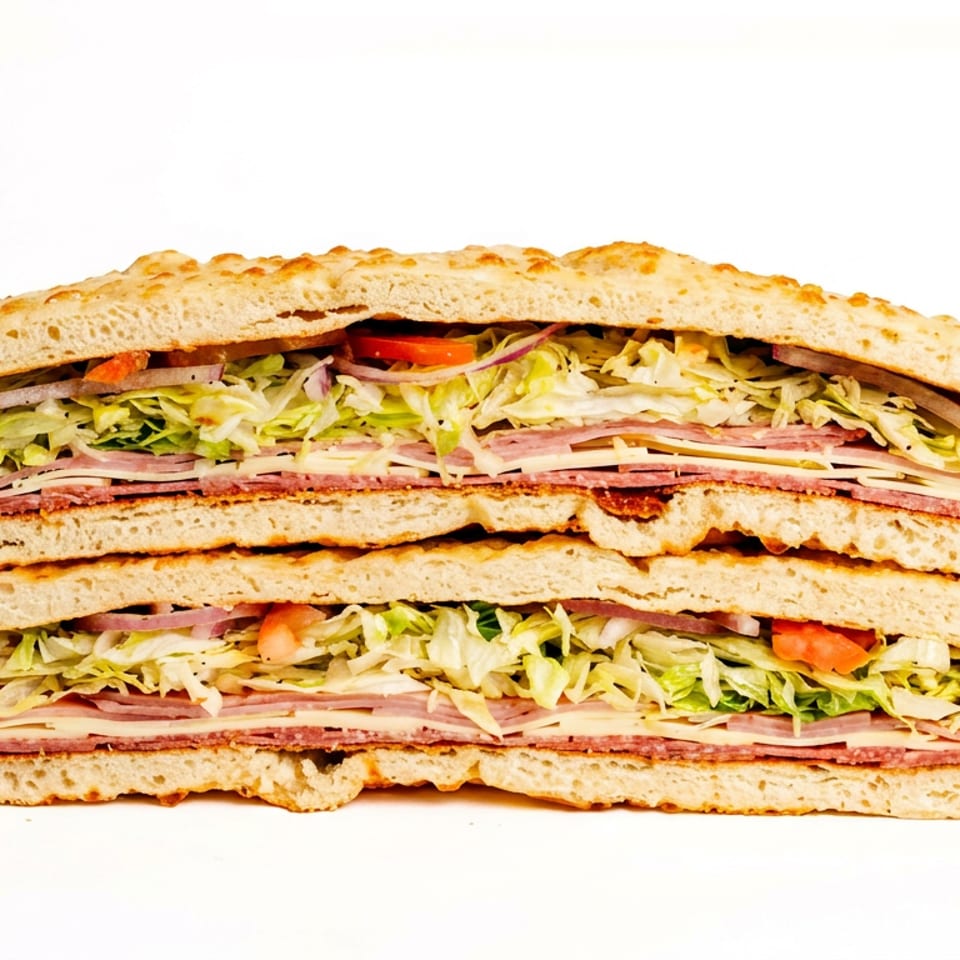 A large, multi-layered sandwich with meats, cheese, lettuce, tomatoes, and onions on focaccia bread.