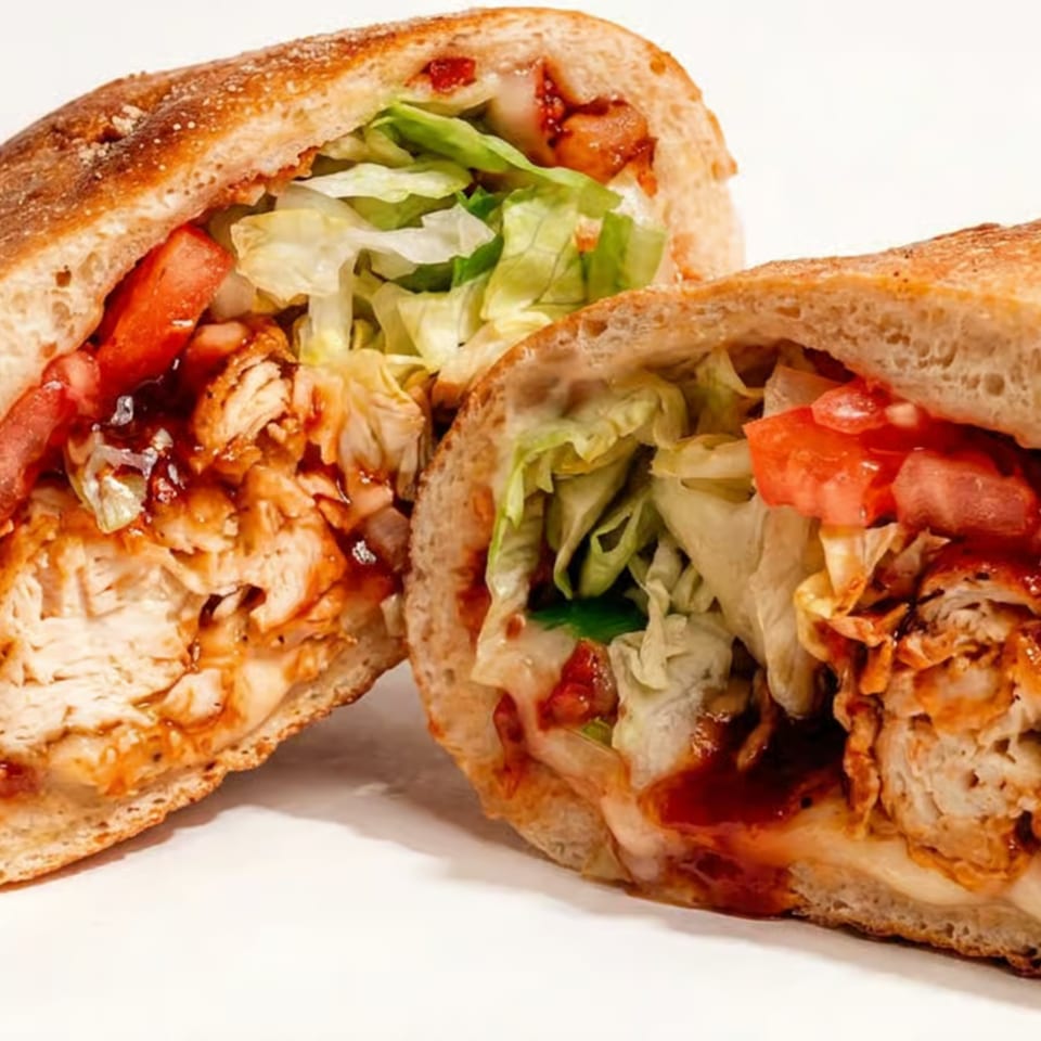 Two halves of a chicken sandwich with lettuce, tomatoes, and sauce on ciabatta bread.