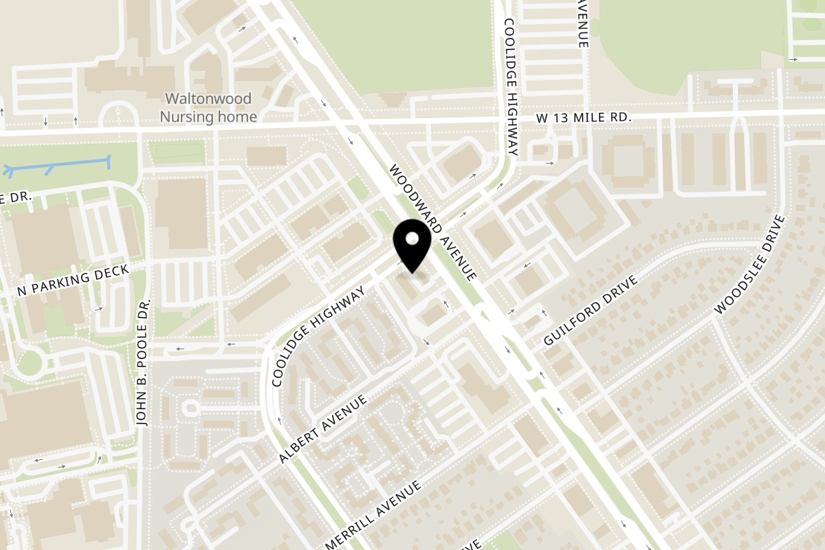 Map showing the location of Stacks & Cordials Royal Oak on 30875 Woodward Ave in Royal Oak